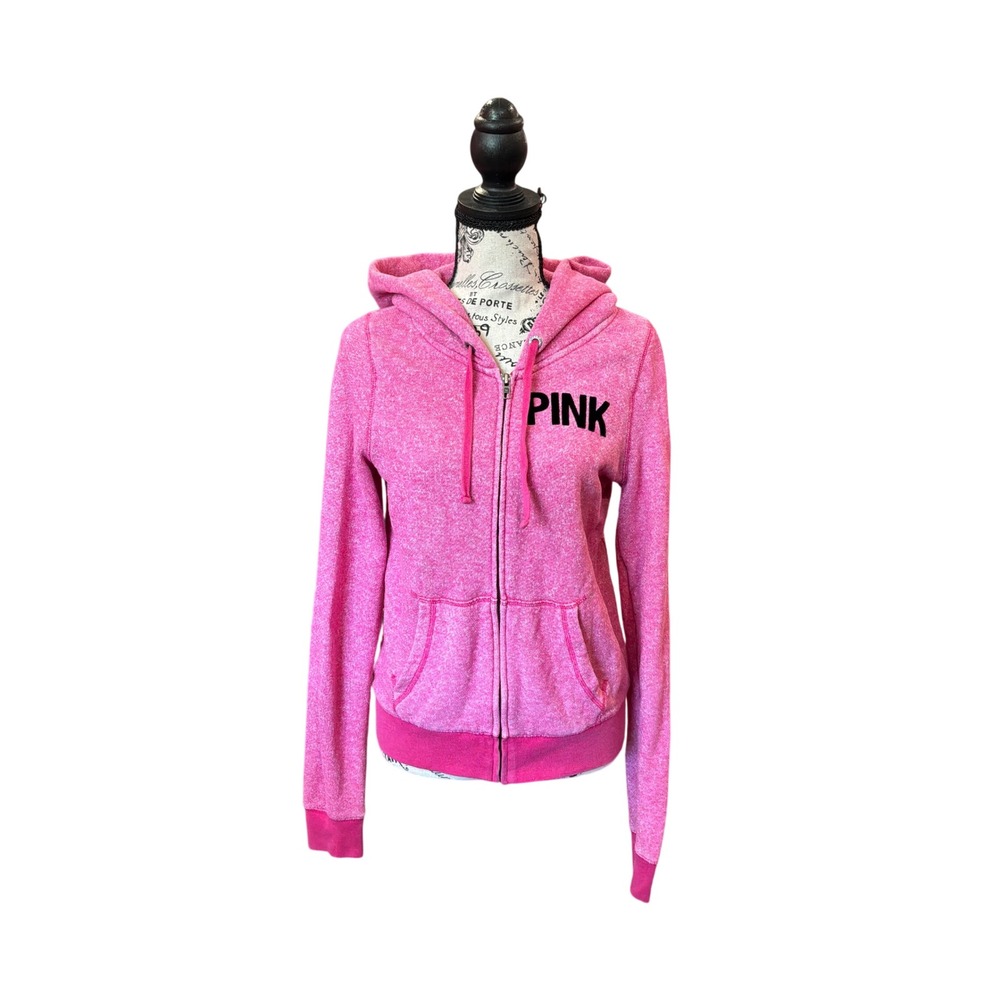 PINK‎ Victoria's Secret Full Zip Hoodie Heather Pink Love Pink 1986 Crest Large